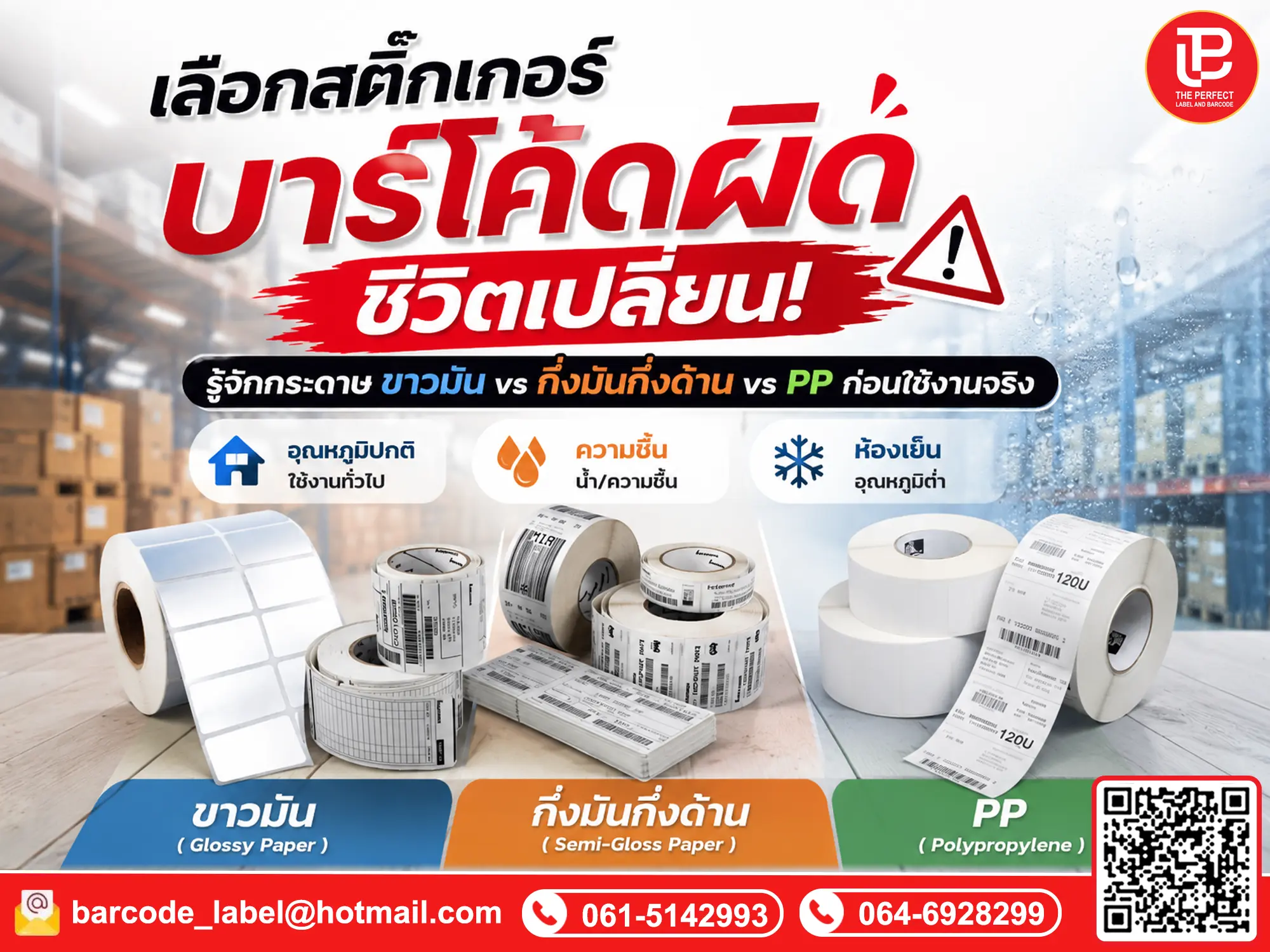 เลือกสติ๊กเกอร์บาร์โค้ดผิด ชีวิตเปลี่ยน! รู้จักกระดาษขาวมัน vs กึ่งมันกึ่งด้าน vs PP ก่อนใช้งานจริง
